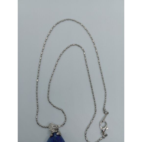 Large Teardrop Lapis Lazuli Floral Cage Pendant Silver Tone 18" Chain Necklace - Picture 6 of 7